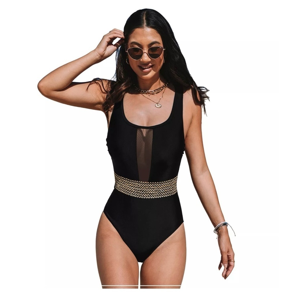 NWT Women's Cupshe Shimmer Waist Tummy Control Mesh Plunge One-Piece Swimsuit